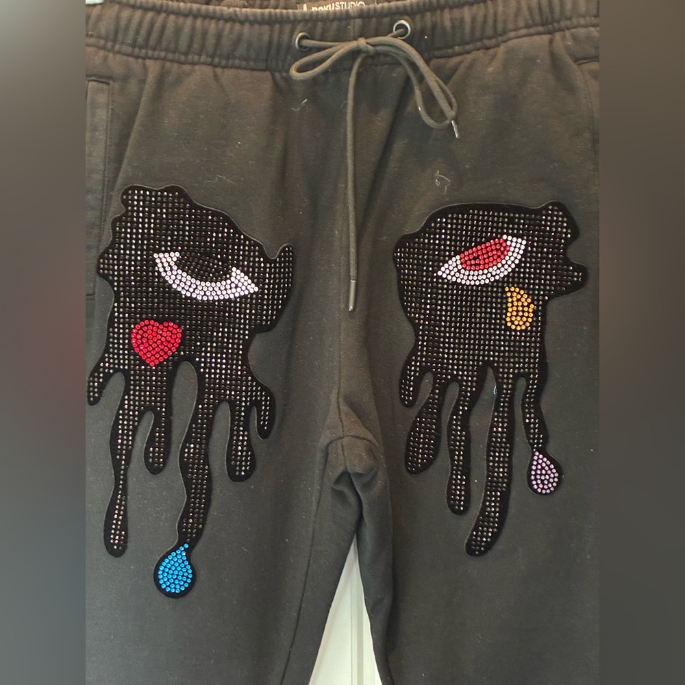 Roku Studio Tear Drip Rhinestone Eye Joggers Women’s Small Black streetwear c5 - Picture 2 of 6